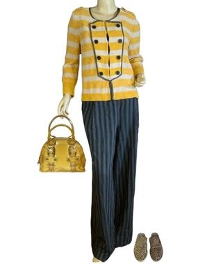 LOFT MUSTARD YELLOW, BEIGE & GRAY STRIPED COTTON CARDIGAN SWEATER (M)